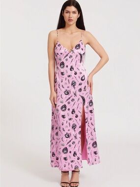 Monica Langlois High Fructose Pink Printed Slip Midi Dress with Side Slit